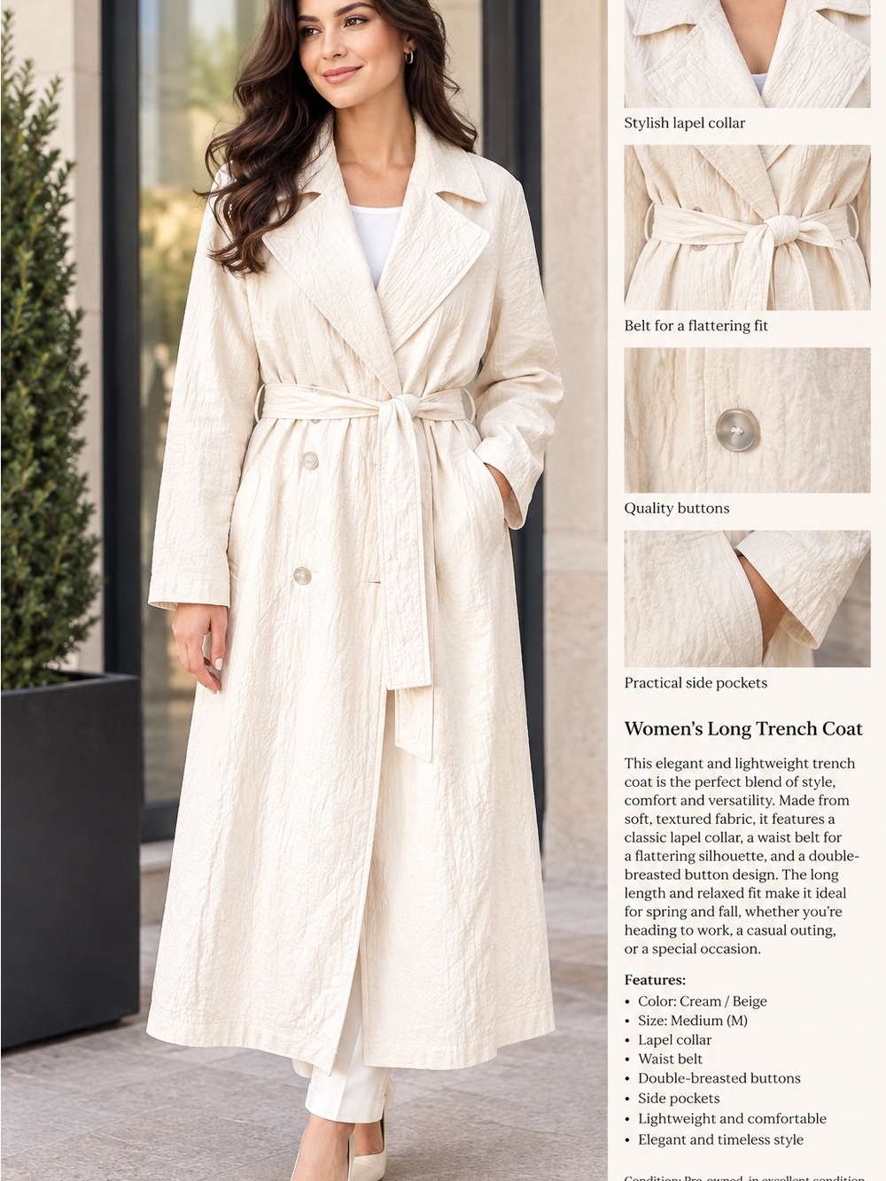 H&M Cream Long Trench Coat with Waist Belt